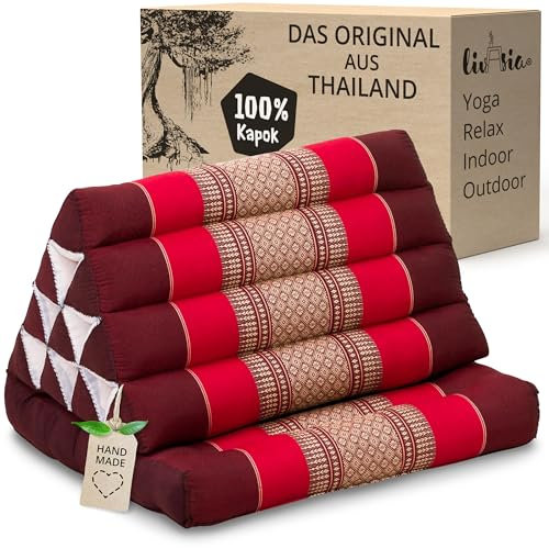 livasia Thaikissen mit 1 Auflage - 75x50x8cm - Dreieckskissen mit Sitzkissen, Keilkissen mit Kapok, Rückenkissen faltbar, Thaimatte zum Klappen, handgefertigt, Meditationskissen (Rubinrot)