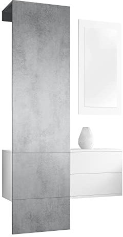Vladon Garderobe Carlton Set 2, Made in Germany, Garderobenset bestehend aus 1 Garderobenpaneel, 1 Schubkastenschrank und 1 Wandspiegel, Weiß matt/Beton Oxid Optik (105 x 193 x 35 cm)