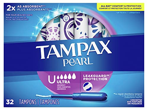 Tampax Pearl Tampons, with LeakGuard Braid, Ultra Absorbency, Unscented, 32 Count