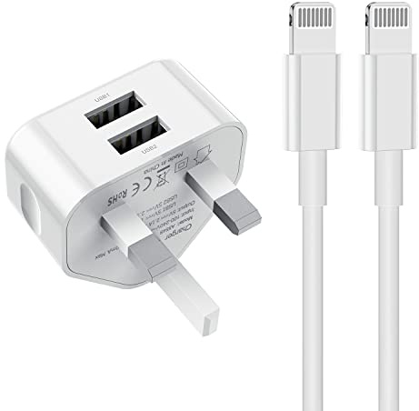 iPhone Fast Charger Plug and Cable, 2.4A iPad Charging UK with 2Pack 1m Lightning Cable Fast Charging Lead for Apple iPhone 14/13/12/11/XR/X/Xs Max/8/7/6/6s Plus/SE/iPad