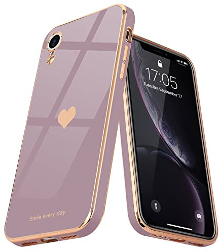 Teageo for iPhone Xr Case Cute Heart Pattern for Women Girls Slim Luxury Bling Plating Soft TPU Anti-Scratch Shockproof Bumper Phone Case for iPhone Xr, Lavender
