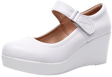 Jamron Dam Hög Plattform 6CM Kilklack Mary Jane Skor Kardborreband Läderpumps med Ankelrem Vit SN070281-1 EU40
