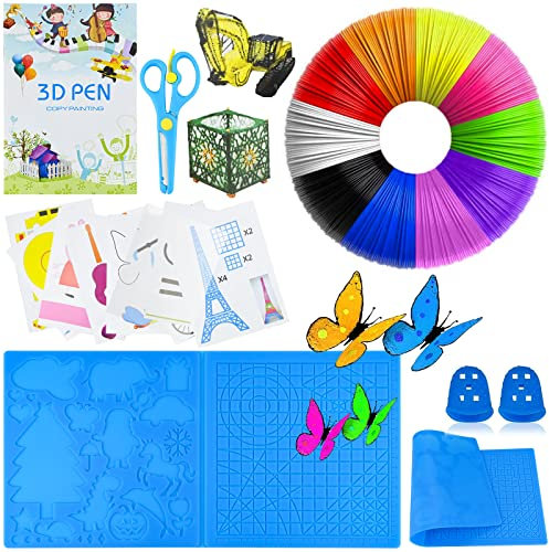 3d Stift Zubehör Set, 3D Stift Filament PLA 10 Farbe 1,75mm je 5M, 3D stift Vorlage, GroßEs Silikonpad 41.2 * 20.3cm mit 2 Fingerschutz und Schere, zubehör 3d stift für Kinder und Anfänger
