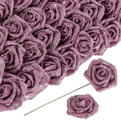 ICBOX Fiori artificiali glitterati, rose glitterate, in schiuma, con gambo, fiori finti per fai da te, bouquet da sposa, feste, centrotavola, decorazione (oro rosa)