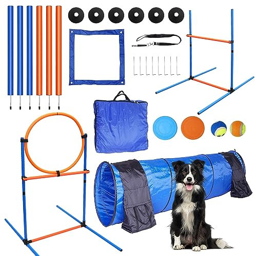 MelkTemn Premium Agility-Trainingsgerät für Hunde im Innen- und Außenbereich, Reifensprung + Hürdensprung, Tunnel, Webstangen mit Ständer, Pausenbox, 2 Spielzeugbälle, 2 Fliegende Scheiben, 1 Pfeife,