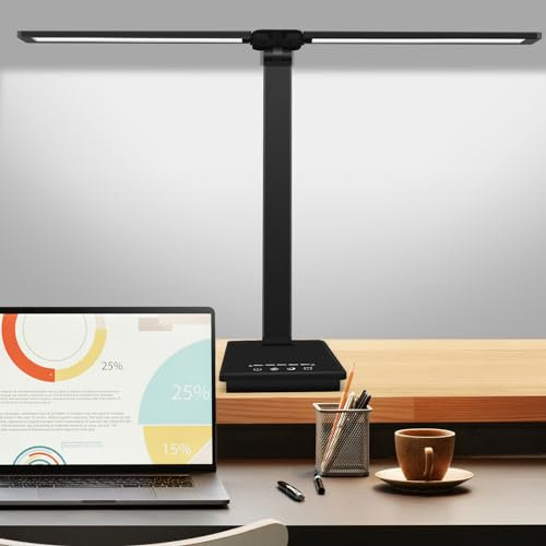 Lámparas de Escritorio para la Oficina en Casa, Lámpara LED de Doble Cabezal, Control Táctil de Brillo y Temperatura de Color Ajustable, Puerto USB de Carga