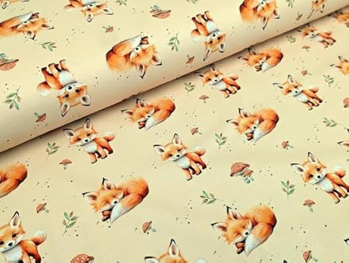 Eigenproduktion Bio Baumwolljersey Sweet Baby Fuchs auf Hell Ocker Stoff Meterware Kleiderstoff Fox