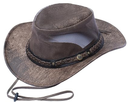 Wombat Australian Leather Hat, Cowboy Hats Breathable with Mesh Sides, Bush, Outback Mens Womens Hiking Safari Trekking Adventure Outdoor Foldable Lightweight Brown - Large