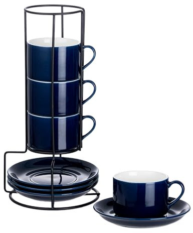 Meichu Cappuccino Cups Set of 4, 8oz Stackable Coffee Cups Set with Saucers and Metal Stand, Blue Coffee Mugs and Saucers for Cappuccino, Latte, Americano and Tea