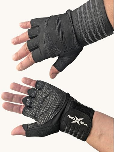 VEXON Guantes de Gimnasio con Muñequera | Soporte Firme para Entrenamiento de Fuerza y Pesas. (Talla XL)