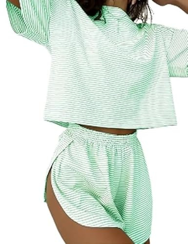 Set pigiama corto diviso, set di due pezzi con stampa a righe e spalle cadenti maglietta avvolgente lounge pantaloncini divisi, Verde, M
