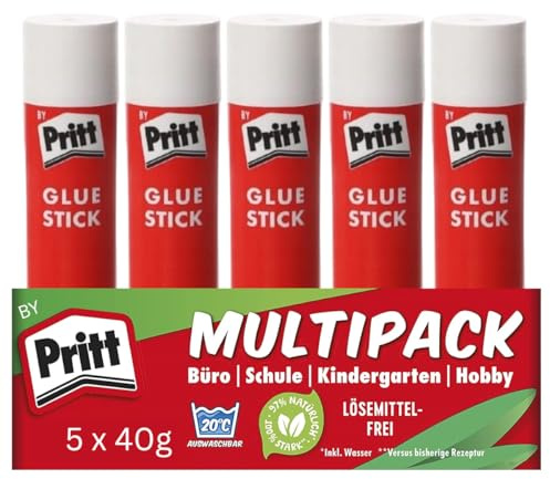 Pritt Colla Stick: colla per bricolage adatta ai bambini e durevole, con ingredienti naturali al 97%, forte adesione, applicazione pulita senza onde, ideale per scuola, ufficio, casa (5 x 40 g)