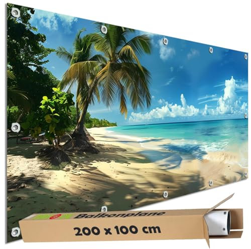 TRIOSK Sichtschutz Balkon Deko Plane Balkonblende Blickdicht mit Motiv Strand Meer Karibik Urlaub für Garten Terrasse Gartenzaun Balkonverkleidung Blickschutz PVC groß 200x100 cm