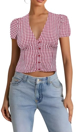 Cusghjbsg Women Y2K Ruffle Top Casual Solid Color V Neck Cap Sleeve Button Down Slim Fit Frill Shirts Summer Fairy Grunge Babydoll Blouse (Red F, S)