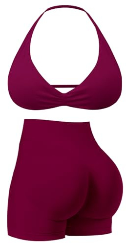 Workout Sets for Women 2 Piece Strappy Halter Sports Bra Scrunch Butt Shorts Gym Sets Yoga Outfits Seamless Tracksuit