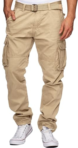 Indicode Pantalon cargo William pour homme en coton avec 7 poches et une ceinture, pantalon d'extérieur