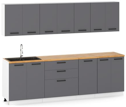 Küchenmöbelset 260 cm, Küchenbau mit Ober- und Unterschränken, Modularküche zum Selbstmontagen ohne Haushaltsgeräte, Stil Modern in Graphit