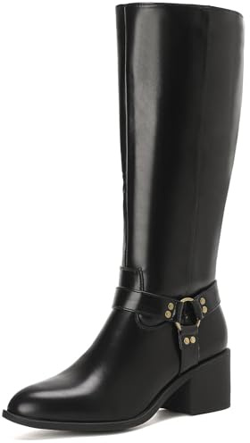 Putu Damen Stiefel mit Plateau Modische Reitstiefel mit weitem Schaft Blockabsatz Reißverschluss Bequeme kniehohe Langschaft Stiefel 40