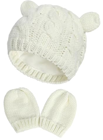Sombrero de Bebé Recién Nacido, Gorro de Punto con Guantes Suaves, Gorro de Invierno para Bebés, Beanie Sombrero para Bebés, 0-12 Meses, Blanco