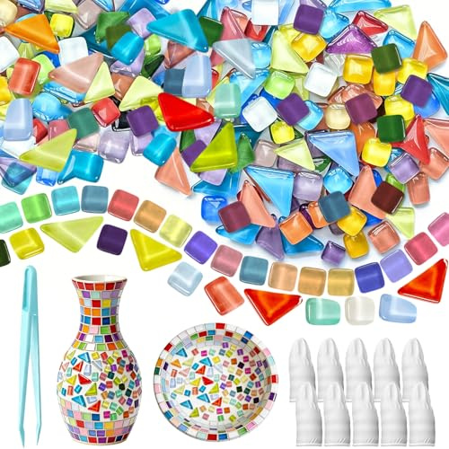 Sheryl&Rain 900 g di piastrelle per mosaico, pietre per mosaico fai da te, quadrate e irregolari, con pinzette, pietre per mosaico di cristallo, mini pietre colorate per progetti artistici