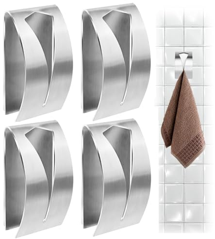 TESSTSY Pack of 4 Tea Towel Holders, Self Adhesive Hook for Hanging | No Drilling Stainless Steel Bathroom Hooks for Towels, Sliver Stick on Towel Hook for Bathroom, Kitchens, Cupboards