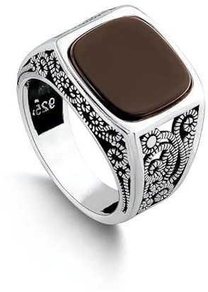 sigillring, Unik elegant silverring smycke handgjord onyxsten retro vintage mönster herrstorlek I-Z+6