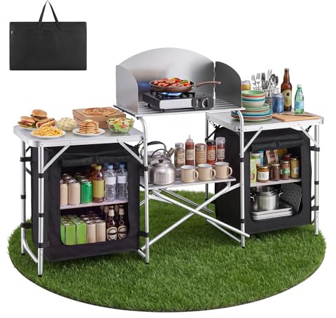 VEVOR Cuisine de Camping Pliable Table de Camping avec Rangement Portable, pour Barbecue, Pique Nique, Voyage, en Aluminium Léger, avec Tables Latérales, Pare-Vent Amovible et Sac de Transport