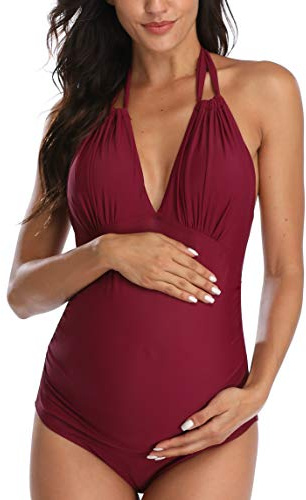 EastElegant Mamma baddräkt Graviditetsbaddräkt i ett stycke V-ringad graviditet badkläder grimma moderskap bikini, Vinröd,XL