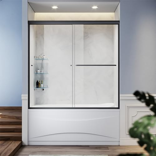 SUNNY SHOWER Bathtub Shower Door Glass Sliding Tub Door Semi-Frameless 1/4 Clear Glass Shower Enclosure Doors for Bathroom, Black Finish 58.5-60 in.W x 57 in.H