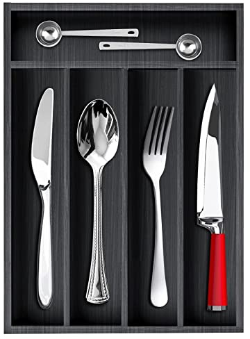 Small Kitchen Utensil Organizer Wooden Cutlery Tray Narrow Wood Silverware Holder Drawer Divider Flatware Organizer Storage Silverware Utensils Tray Black Bamboo Spoon Cutlery Organizer for Drawer