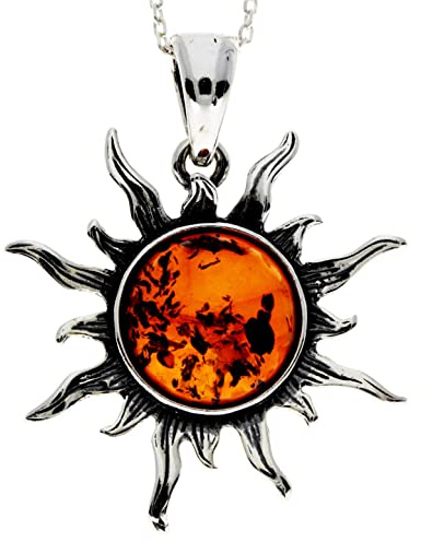 SilverAmber Jewellery - Colgante de plata de ley 925 y ámbar báltico auténtico, tamaño mediano, sol y estrella - 1505, Piedra Plata de ley Resina, Ámbar