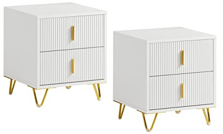 SoBuy set di 2 Comodino camera da letto con 2 cassetti e gambe in metallo dorato, tavolino da letto moderno per camera e soggiorno, Bianco, 40x40x47 cm, FBT115-Wx2