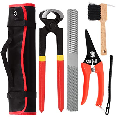 Swpeet 5Pcs Professional Farrier Tools Value Supplies Kit with Roll Pack, Mini 8 Inch Rasp Hoof File, 8 Inch Hoof Nipper, Horseshoe Brush, Horses Hoof Trimmers Shears Tools, Hoof Cutter for Horse