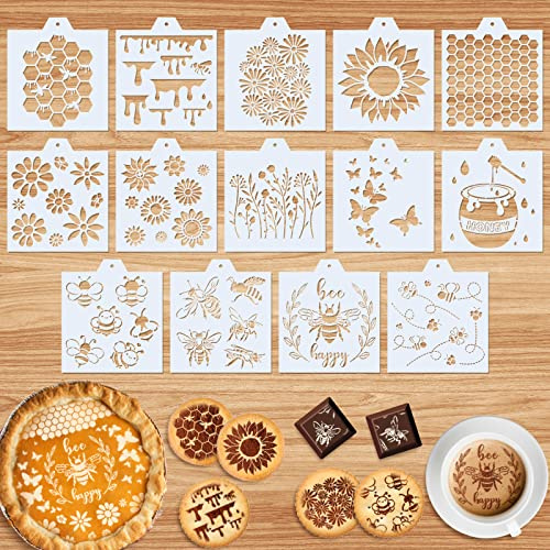 Whaline 14Pcs Summer Bee Cookie Stencils Honeybee Sunflowers Airbrush Painting Stencils Honeycomb Butterfly Biscuit Cake Baking Templates for Summer World Bee Day Party DIY Craft, 6.7 x 5.9