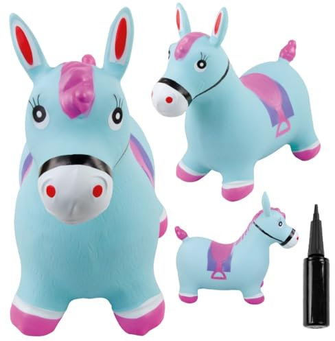 sun baby Hüpftiere ab 1 Jahr mit Pumpe aufblasbares Hüpfspielzeug aus Hochwertigem und Strapazierfähigem Gummi, Verschiedene Designs (Blau-rosa Hengst)
