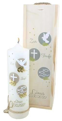 Cerziies® Set Taufkerze mit Kerzenbox Linus Junge oder Mädchen mit Name und Datum, individuell und handverziert 2375
