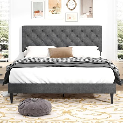 BarnFurin Full Size Bed Frame with Headboard, Upholstered Platform Bed with Adjustable Button Tufted Headboard, Fabric Bed Frame with Wooden Slats Support, No Box Spring Required, Light Grey