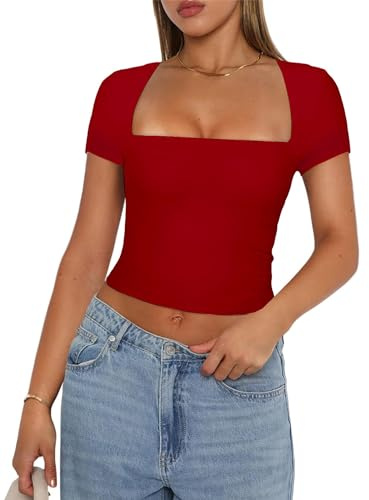 Women's Slim Fit Crop Tops Casual Solid Color Crew Neck Long Sleeve Tight T-Shirt Basic Blouse Tee Tops (Z8-Short Sleeve Red, S)