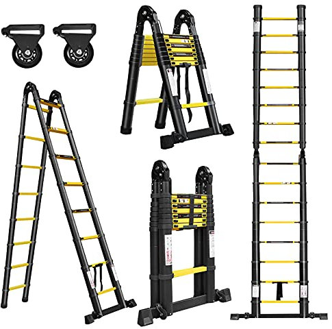 XMTECH Échelle télescopique pliable multifonction - Échelle extensible - Échelle simple - Échelle multifonction - Échelle extensible - 2,5 m + 2,5 m - 16 échelons - Noir