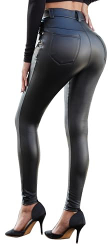 North Bund Damen Kunstleder Thermo Leggings High Waist Lederhose Winter Strumpfhosen Leder Leggins Hose Sexy Stretch Hüfthoch Push Up Treggins Thermoleggins Schwarz XL
