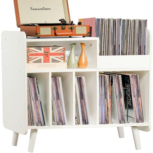 Spelstativ, stort skivspelarbordsskåp med öppen vinylförvaring och displayhylla rymmer upp till 350 album, mitten av århundradet skivspelare för vardagsrum, sovrum vit