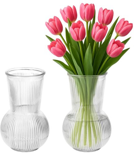 2 Vases en Verre - Vase à Tulipes 17 x 12 x 12 cm - Matériau en Verre - Idéal pour la Présentation de Fleurs, Décoration de Table - pour Mariages, Fêtes, Accessoires Maison (Transparent)