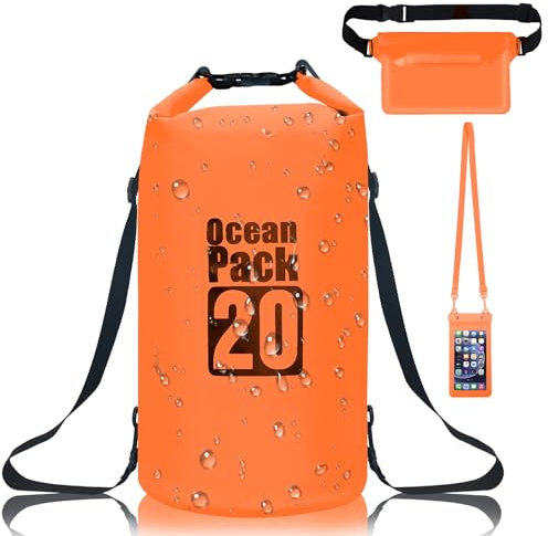 Gucass Dry Bag wasserdichte Tasche 20 L, Wasserfeste Beutel Packsack mit Doppeltem Verstellbarer Tragegurt, Waterproof Bag Für Schwimmen Bootfahren Kajak Wassensport, mit Bauchtasche IPX8 Handyhülle