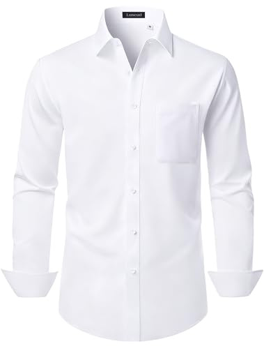 Lusead White Dress Shirt for Men Long Sleeve Stretch Solid Regular Fit Casual Button Down Formal Shirt for Business Trips