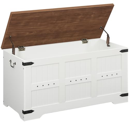 HOOBRO Toy Box, Storage Bench with Safety Hinges, Wooden Toy Chest, 39.4 Farmhouse Storage Chest, for Entryway, Bedroom, Living Room, White and Walnut WH507CW01