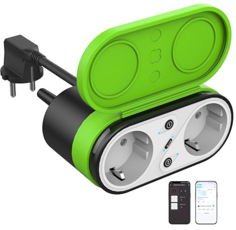 J-BRAUV Presa Wlan per esterni, doppia presa esterna, con timer, impermeabile, presa intelligente per esterni, contatore di consumo energetico, funziona con Alexa Google Home 2,4 GHz, WiFi