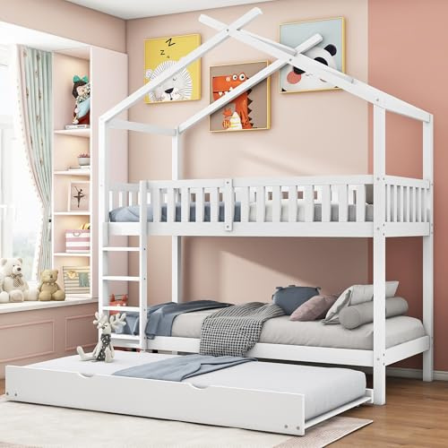 Zravenna Letto a castello 90 x 200 cm, con letto estraibile, letto per bambini con protezione contro le cadute e scala, in legno, con rete a doghe, per ragazze e ragazzi, bianco