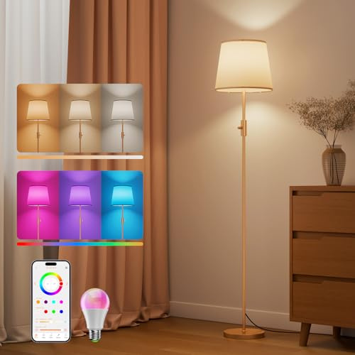 DUSKTEC Smart RGB-golvlampa med tygskärm, dimbar ansluten LED-golvlampa, modern lampa för sovrum och vardagsrum (glödlampa ingår), kompatibel med Alexa och Google Home