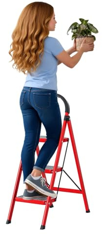 Escabeau 3 Marches Pliable en Acier, Marche Pied Pliable Antidérapant, Échelle Pliante Compacte pour Intérieur et Extérieur, Charge Max 150 kg (330 lbs) Rouge Taille Unique