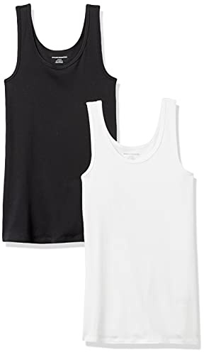 Amazon Essentials Women's Slim-Fit Ribbed Scoop Neck Tank Tops, Pack of 2, Black/White, X-Large